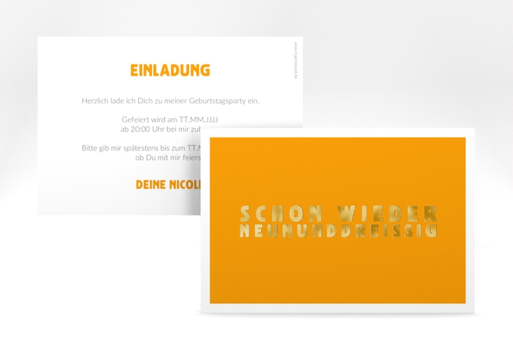 Einladung 40. Geburtstag Gag A6 Karte quer orange gold