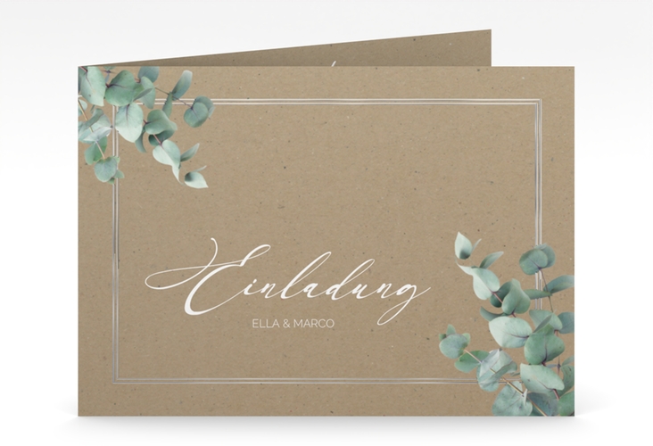 Hochzeitseinladung Eucalypt mittlere Klappkarte quer Kraftpapier silber mit Eukalyptus und edlem Rahmen
