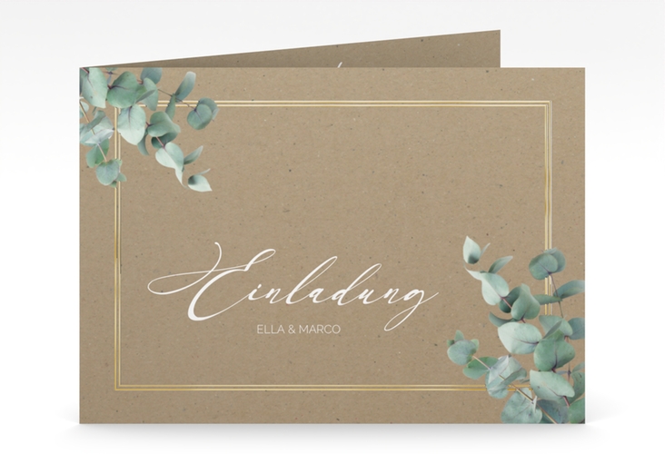 Hochzeitseinladung Eucalypt mittlere Klappkarte quer Kraftpapier gold mit Eukalyptus und edlem Rahmen
