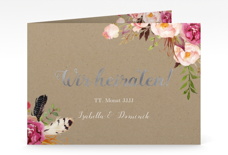 Hochzeitseinladung Flowers mittlere Klappkarte quer Kraftpapier silber mit bunten Aquarell-Blumen