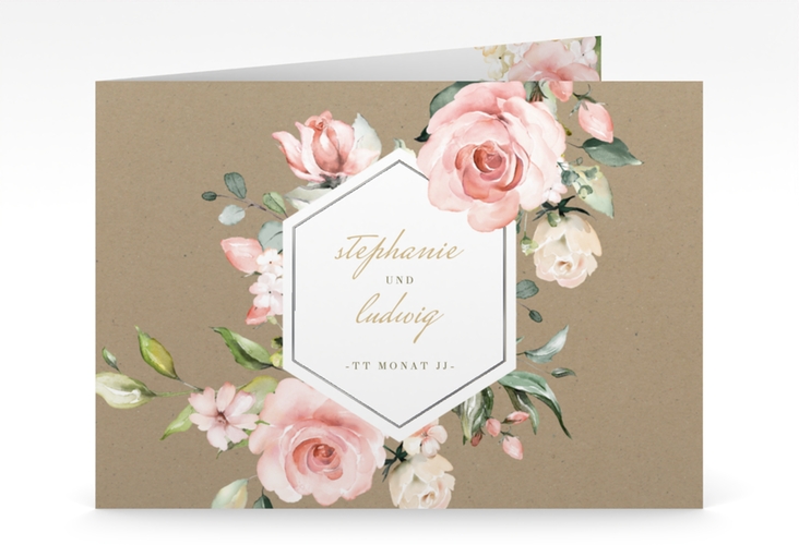 Hochzeitseinladung Graceful mittlere Klappkarte quer Kraftpapier silber mit Rosenblüten in Rosa und Weiß