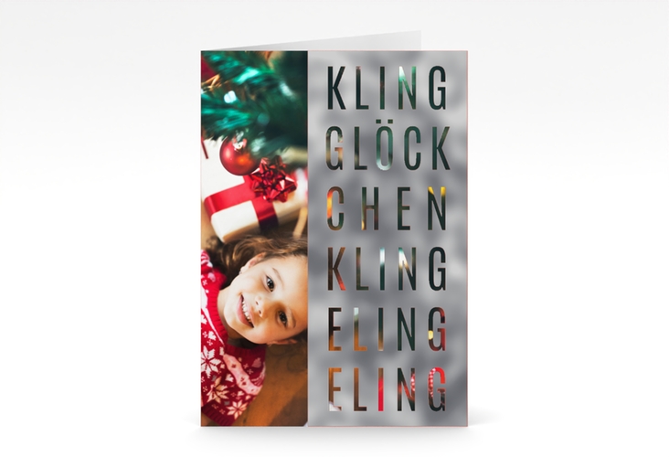 Weihnachtskarte Klingeling A6 Klappkarte hoch orange silber