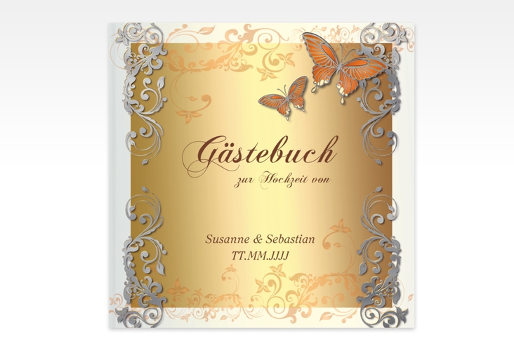 Gästebuch Creation Toulouse 20 x 20 cm, Hardcover orange silber romantisch mit Schmetterlingen