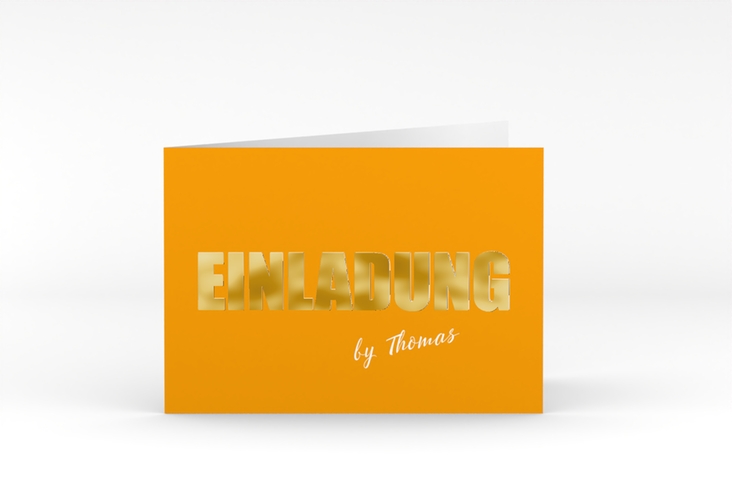Einladung Geburtstag Zig A6 Klappkarte quer orange gold