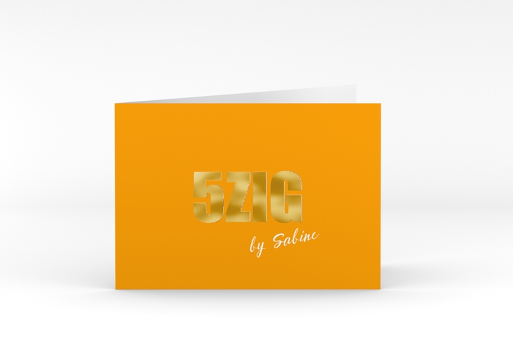 Einladung 50. Geburtstag Zig A6 Klappkarte quer orange gold