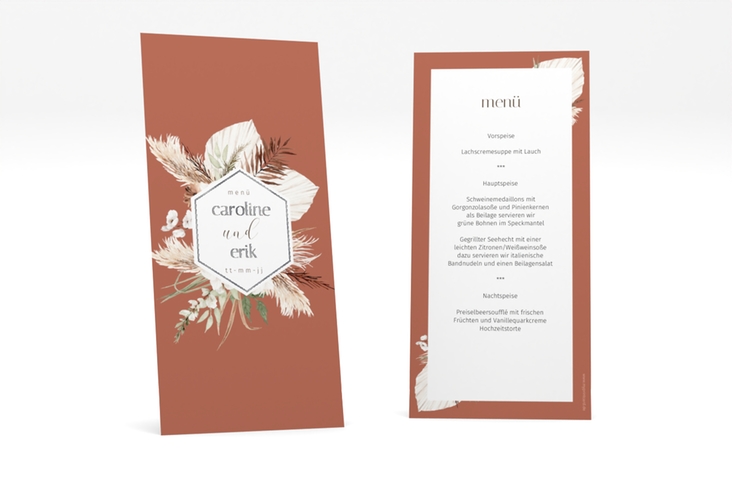 Menükarte Hochzeit Bohemian lange Karte hoch orange silber