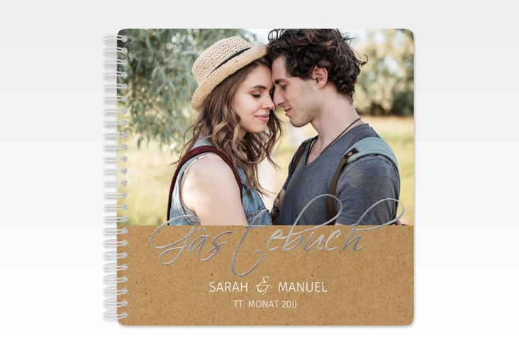 Gästebuch Hochzeit Big Picture Ringbindung Kraftpapier silber mit Foto des Brautpaars