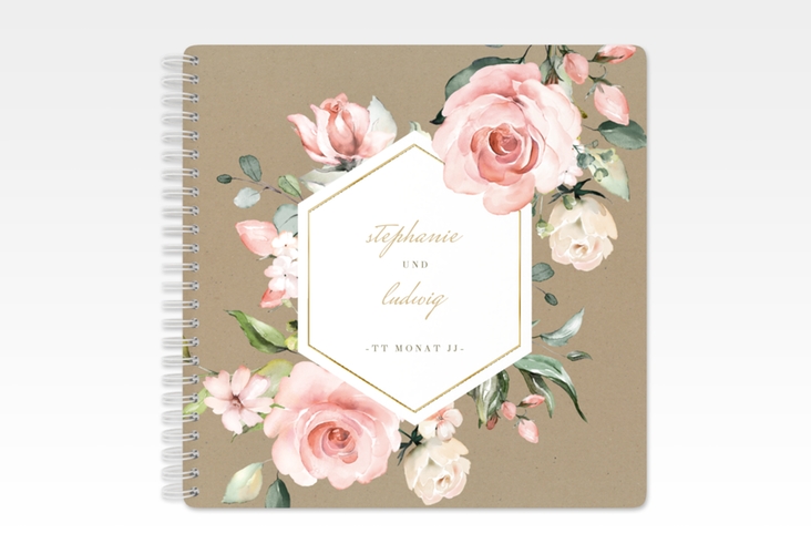 Gästebuch Hochzeit Graceful Ringbindung Kraftpapier gold mit Rosenblüten in Rosa und Weiß