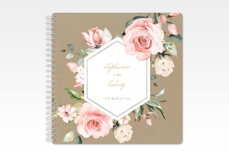 Gästebuch Hochzeit Graceful Ringbindung Kraftpapier silber mit Rosenblüten in Rosa und Weiß