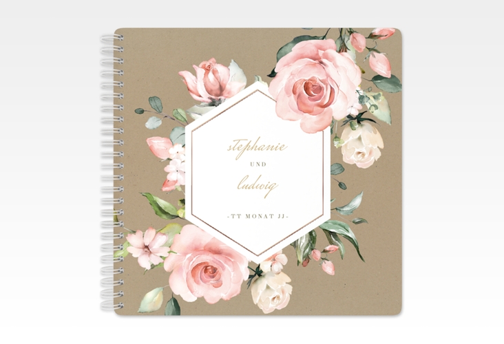 Gästebuch Hochzeit Graceful Ringbindung Kraftpapier rosegold mit Rosenblüten in Rosa und Weiß