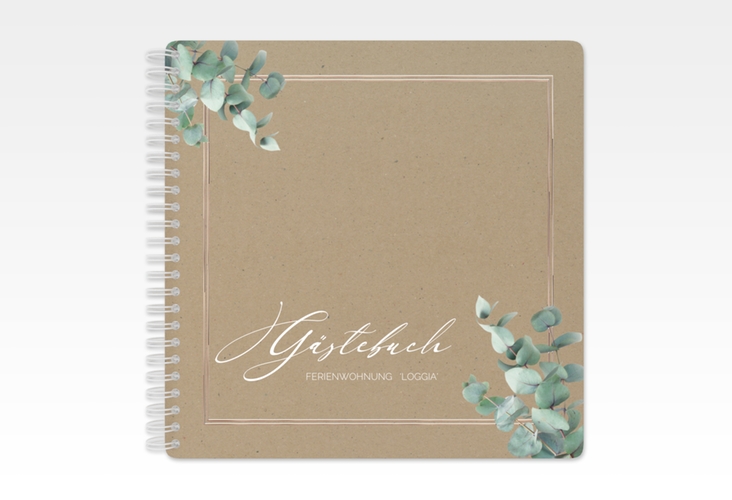Gästebuch Ferienwohnung Loggia Ringbindung Kraftpapier rosegold mit Eukalyptus-Zweigen