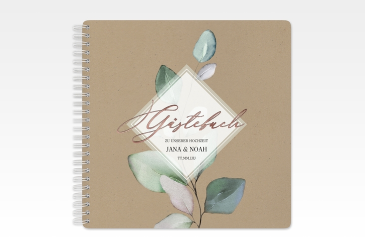 Gästebuch Hochzeit Foglia Ringbindung Kraftpapier rosegold edel mit Eukalyptus im Aquarell-Design