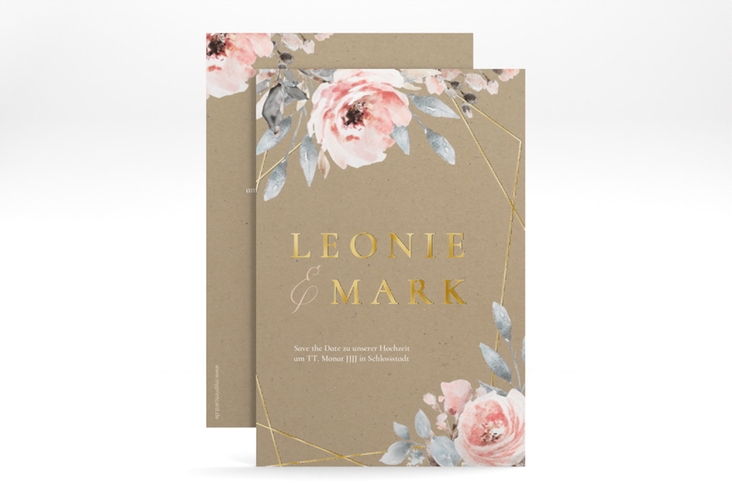 Save the Date-Karte Perfection A6 Karte hoch Kraftpapier gold mit rosa Rosen