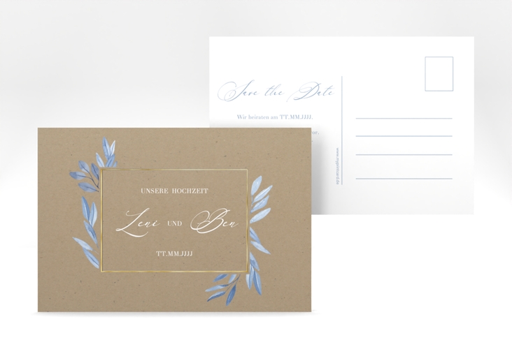 Save the Date-Postkarte Classicblue A6 Postkarte Kraftpapier gold