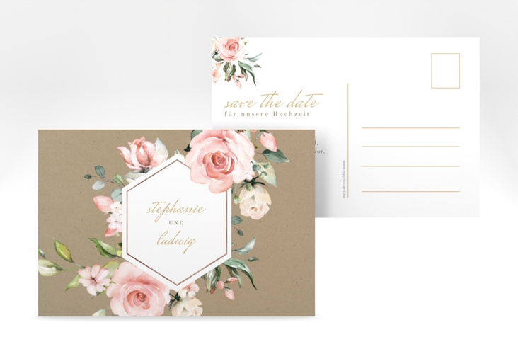 Save the Date-Postkarte Graceful A6 Postkarte Kraftpapier rosegold mit Rosenblüten in Rosa und Weiß