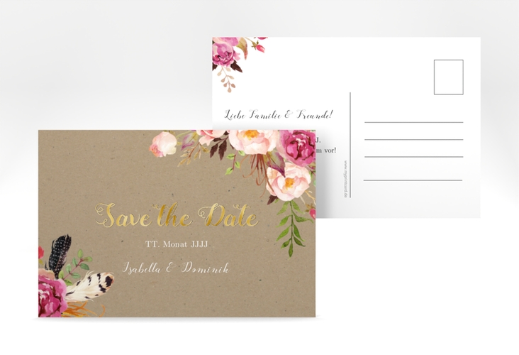 Save the Date-Postkarte Flowers A6 Postkarte Kraftpapier gold mit bunten Aquarell-Blumen