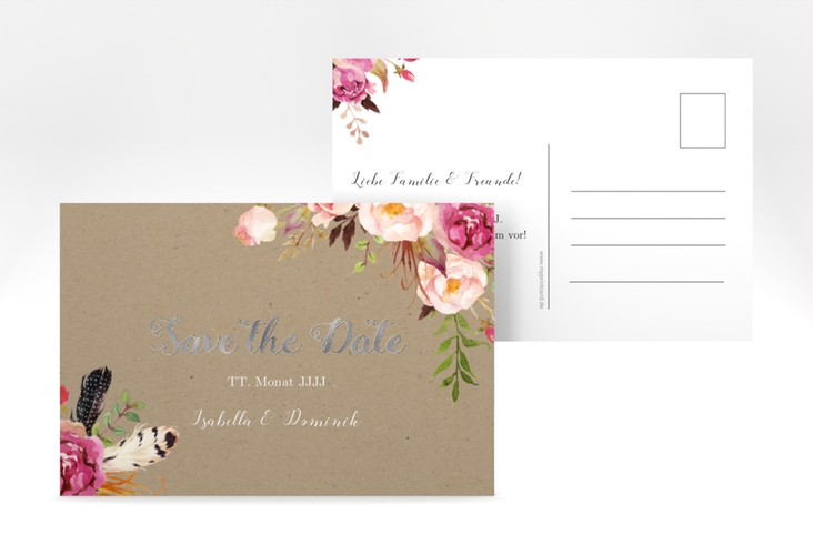 Save the Date-Postkarte Flowers A6 Postkarte Kraftpapier silber mit bunten Aquarell-Blumen