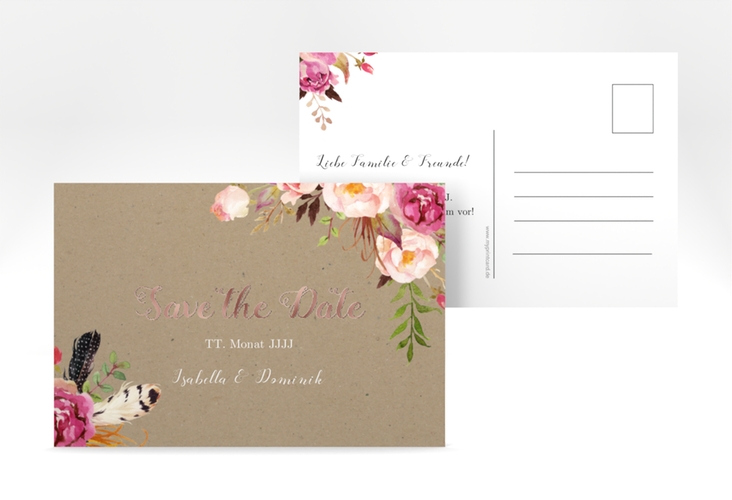 Save the Date-Postkarte Flowers A6 Postkarte Kraftpapier rosegold mit bunten Aquarell-Blumen