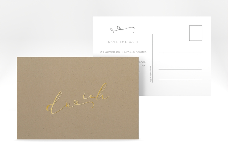 Save the Date-Postkarte Zweisamkeit A6 Postkarte Kraftpapier gold im minimalistischen Stil mit Aufschrift du & ich