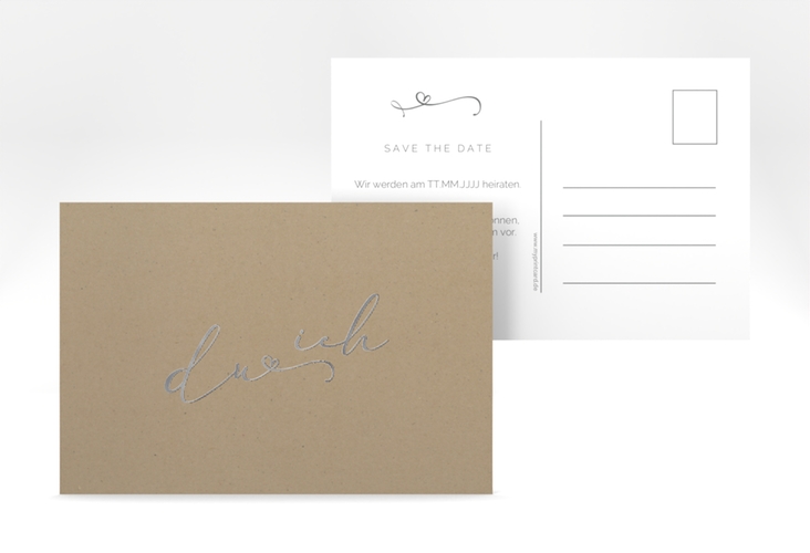 Save the Date-Postkarte Zweisamkeit A6 Postkarte Kraftpapier silber im minimalistischen Stil mit Aufschrift du & ich