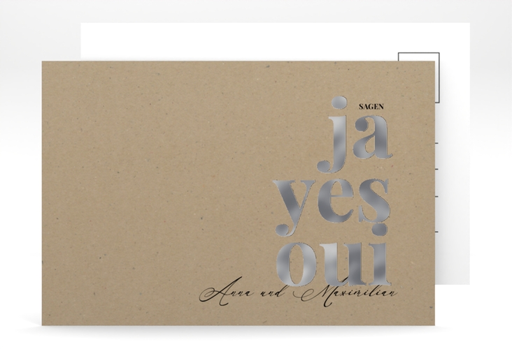 Save the Date-Postkarte Oui A6 Postkarte Kraftpapier silber mit Ja-Wort in verschiedenen Sprachen