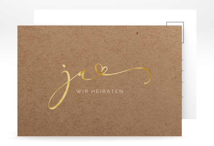 Save the Date-Postkarte Jawort A6 Postkarte Kraftpapier gold modern minimalistisch mit veredelter Aufschrift