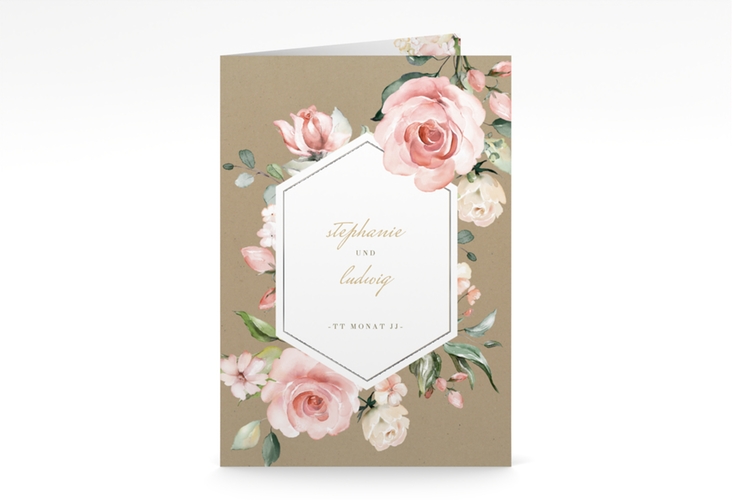 Kirchenheft Hochzeit Graceful A5 Klappkarte hoch Kraftpapier silber mit Rosenblüten in Rosa und Weiß