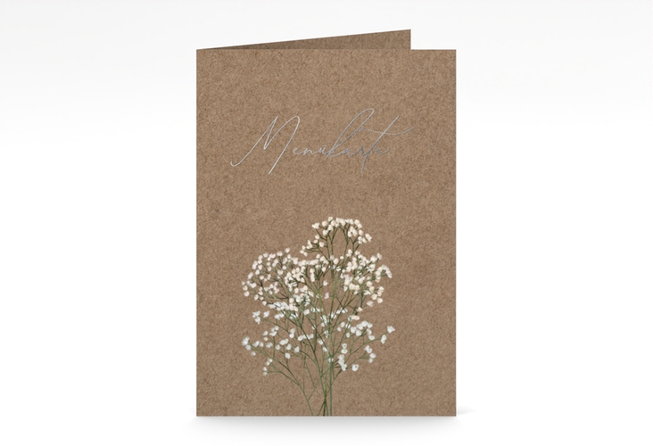 Menükarte Hochzeit Schleierkraut A5 Klappkarte hoch Kraftpapier silber