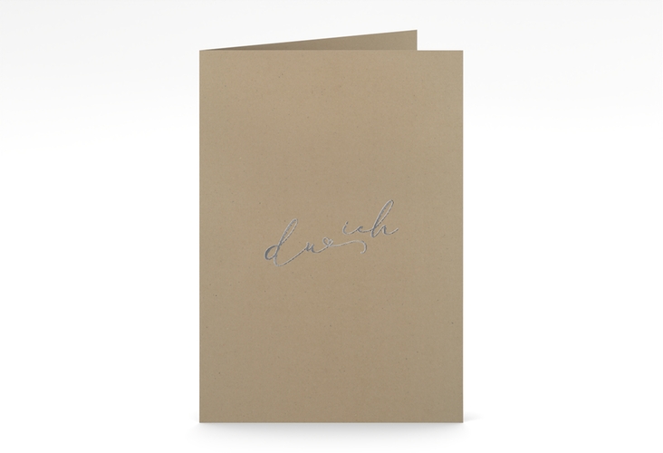 Menükarte Hochzeit Zweisamkeit A5 Klappkarte hoch Kraftpapier silber im minimalistischen Stil mit Aufschrift du & ich