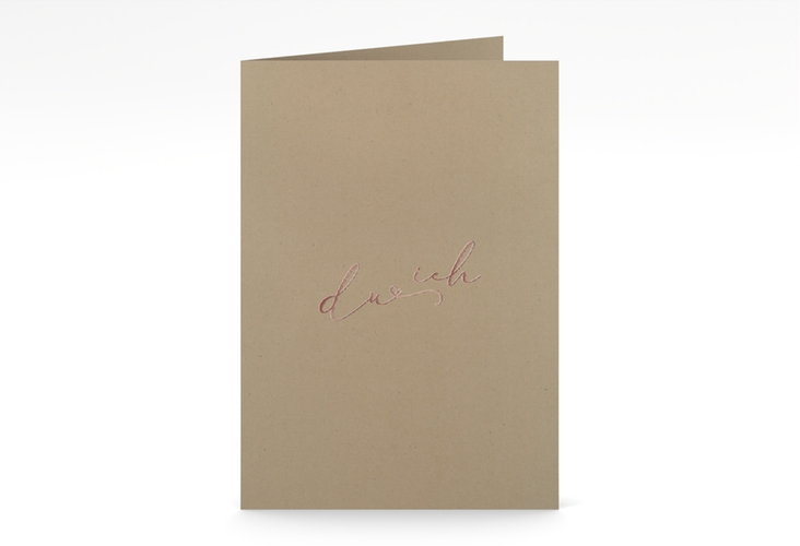Menükarte Hochzeit Zweisamkeit A5 Klappkarte hoch Kraftpapier rosegold im minimalistischen Stil mit Aufschrift du & ich