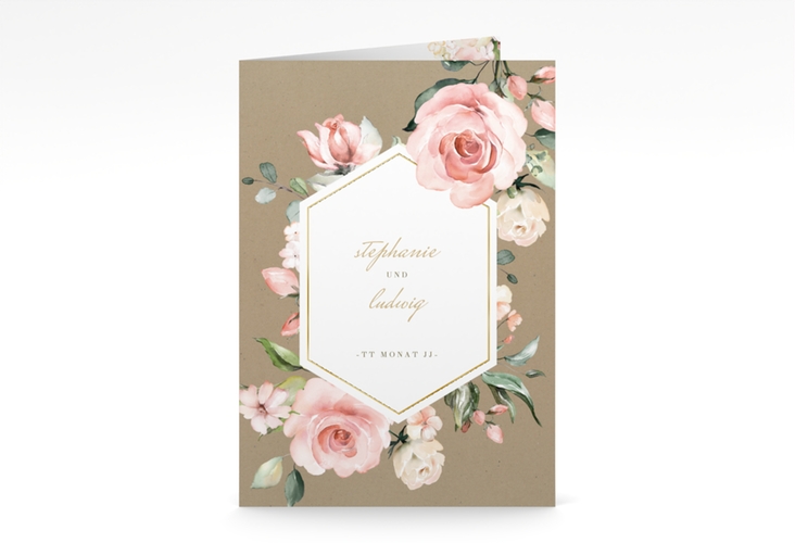 Menükarte Hochzeit Graceful A5 Klappkarte hoch Kraftpapier gold mit Rosenblüten in Rosa und Weiß
