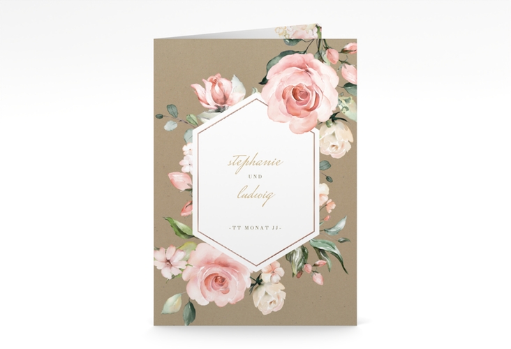 Menükarte Hochzeit Graceful A5 Klappkarte hoch Kraftpapier rosegold mit Rosenblüten in Rosa und Weiß