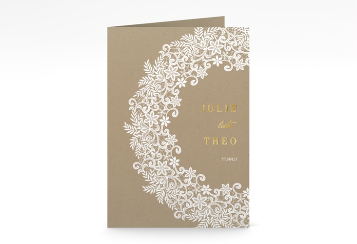Menükarte Hochzeit Mariage A5 Klappkarte hoch Kraftpapier gold mit Bogen aus weißer Spitze