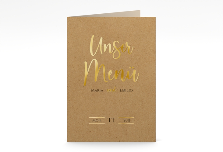 Menükarte Hochzeit Noble A5 Klappkarte hoch Kraftpapier gold mit elegantem Schriftzug