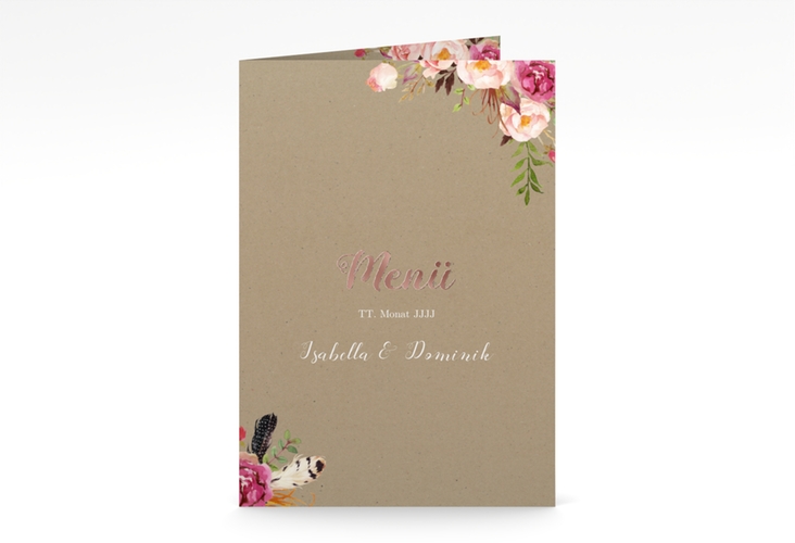 Menükarte Hochzeit Flowers A5 Klappkarte hoch Kraftpapier rosegold mit bunten Aquarell-Blumen