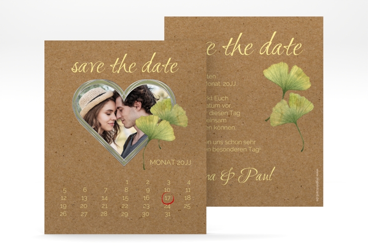 Save the Date-Kalenderblatt Ginko Kalenderblatt-Karte Kraftpapier silber mit Herz und zwei Ginkgo-Blättern