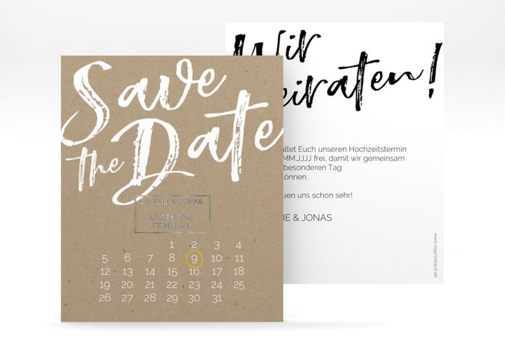 Save the Date-Kalenderblatt Words Kalenderblatt-Karte Kraftpapier silber