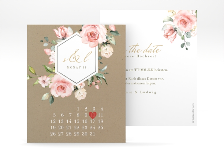 Save the Date-Kalenderblatt Graceful Kalenderblatt-Karte Kraftpapier silber mit Rosenblüten in Rosa und Weiß