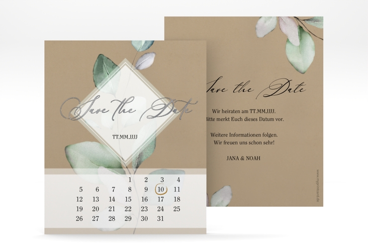 Save the Date-Kalenderblatt Foglia Kalenderblatt-Karte Kraftpapier silber edel mit Eukalyptus im Aquarell-Design