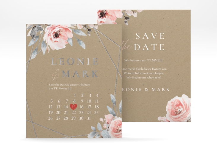 Save the Date-Kalenderblatt Perfection Kalenderblatt-Karte Kraftpapier silber mit rosa Rosen