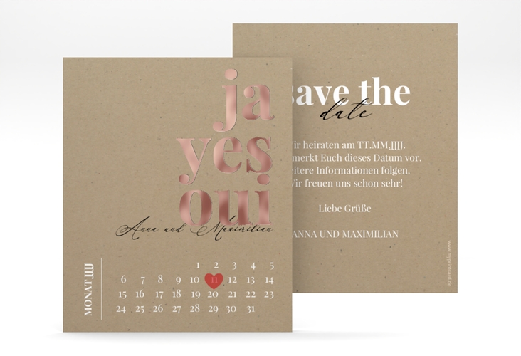 Save the Date-Kalenderblatt Oui Kalenderblatt-Karte Kraftpapier rosegold mit Ja-Wort in verschiedenen Sprachen