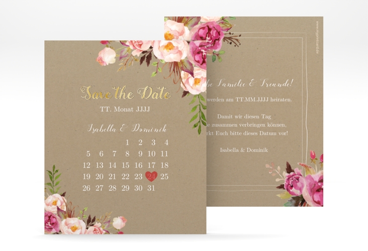 Save the Date-Kalenderblatt Flowers Kalenderblatt-Karte Kraftpapier gold mit bunten Aquarell-Blumen
