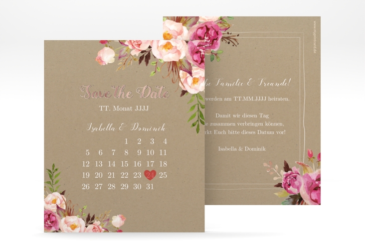 Save the Date-Kalenderblatt Flowers Kalenderblatt-Karte Kraftpapier rosegold mit bunten Aquarell-Blumen