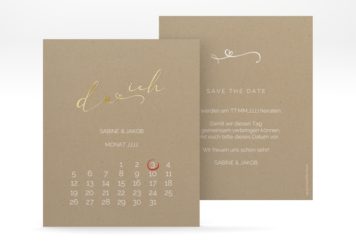 Save the Date-Kalenderblatt Zweisamkeit Kalenderblatt-Karte Kraftpapier gold im minimalistischen Stil mit Aufschrift du & ich
