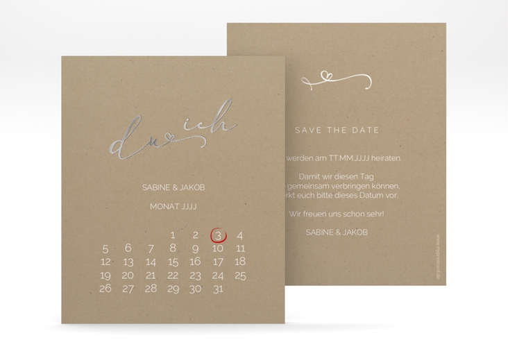 Save the Date-Kalenderblatt Zweisamkeit Kalenderblatt-Karte Kraftpapier silber im minimalistischen Stil mit Aufschrift du & ich