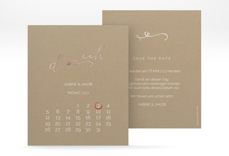 Save the Date-Kalenderblatt Zweisamkeit Kalenderblatt-Karte Kraftpapier rosegold im minimalistischen Stil mit Aufschrift du & ich