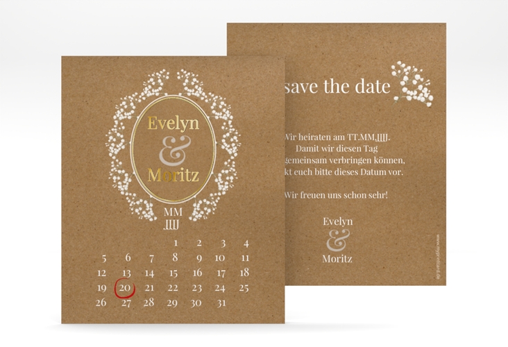 Save the Date-Kalenderblatt Gypsophila Kalenderblatt-Karte Kraftpapier gold im Vintage-Stil mit Blumenkranz aus Schleierkraut