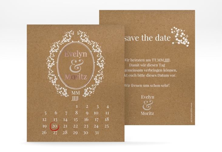 Save the Date-Kalenderblatt Gypsophila Kalenderblatt-Karte Kraftpapier rosegold im Vintage-Stil mit Blumenkranz aus Schleierkraut