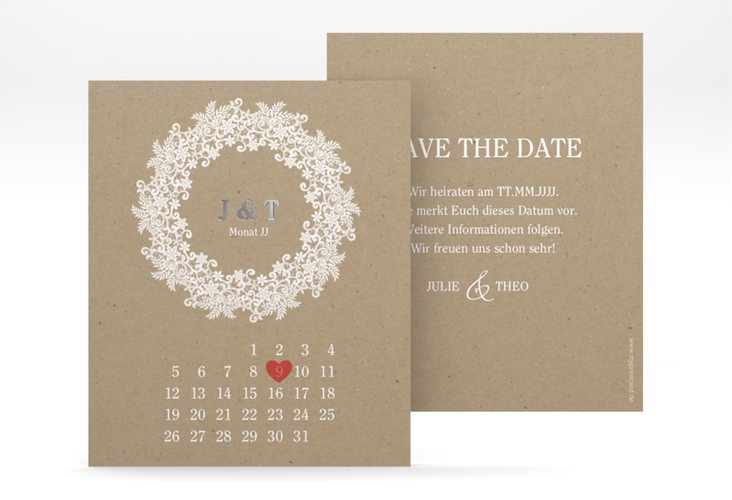 Save the Date-Kalenderblatt Mariage Kalenderblatt-Karte Kraftpapier silber mit Bogen aus weißer Spitze