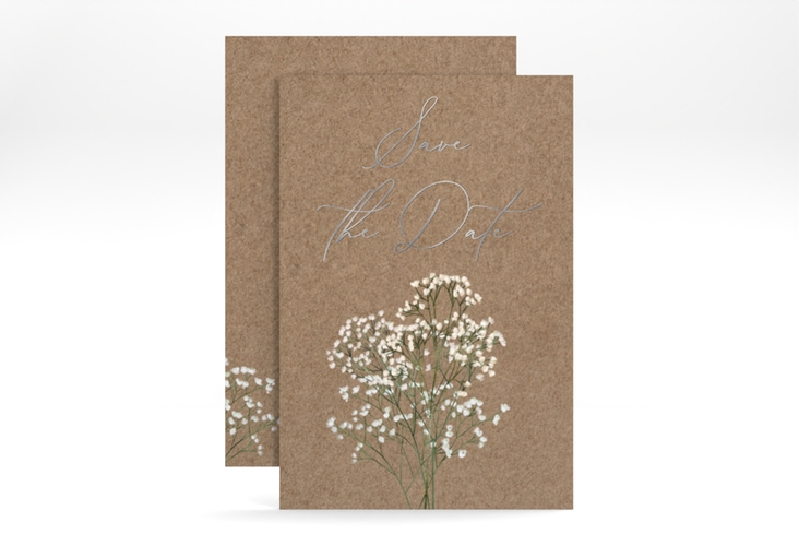 Save the Date-Karte Schleierkraut A6 Karte hoch Kraftpapier silber
